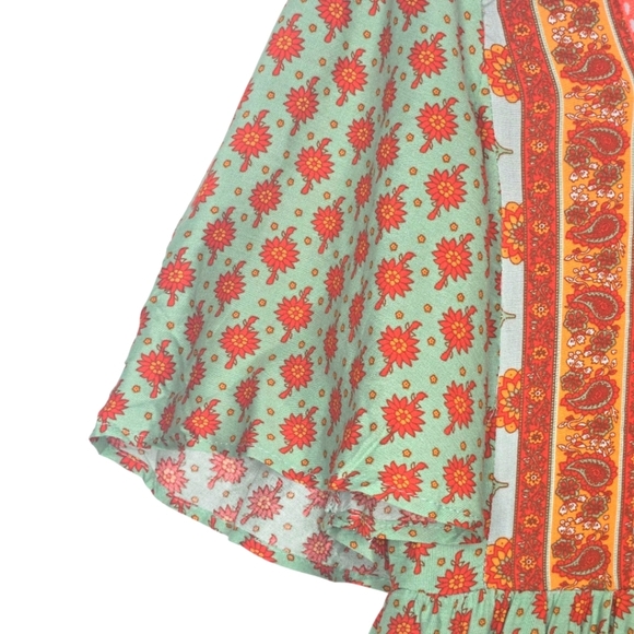 In Loom Boho Contrast Square Neck Mix Print Lace Trim Peasant Maxi Dress Medium - Picture 9 of 11